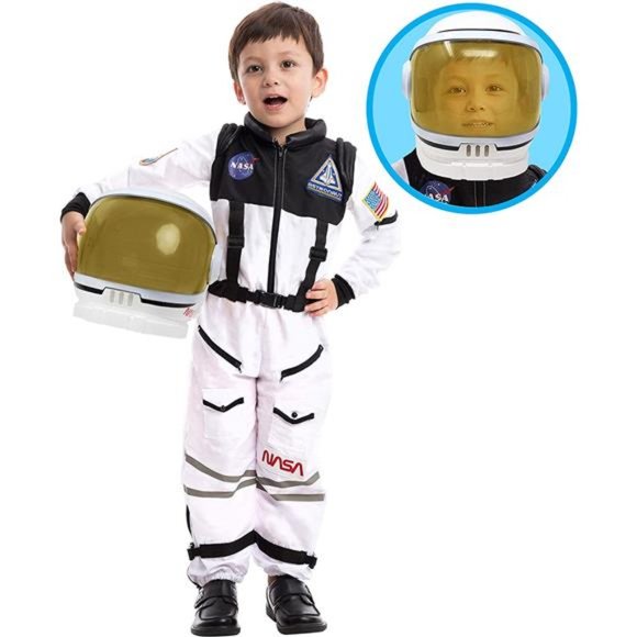 Astronaut Costume with Helmet for Kids Space Suit JumpsuitsDress Up (White)-S